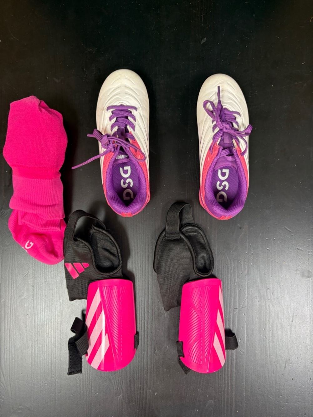 DSG White and Purple Women's Soccer Cleats with Hot Pink Shin Guards
